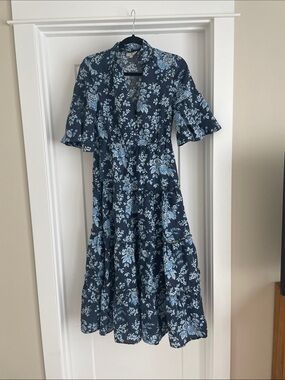 Tuckernuck Navy and Light Blue Floral Tiered Midi Dress